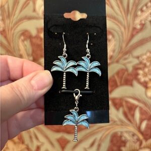 New 3pc set Silver & Blue Palm Tree Earrings w matching charm
